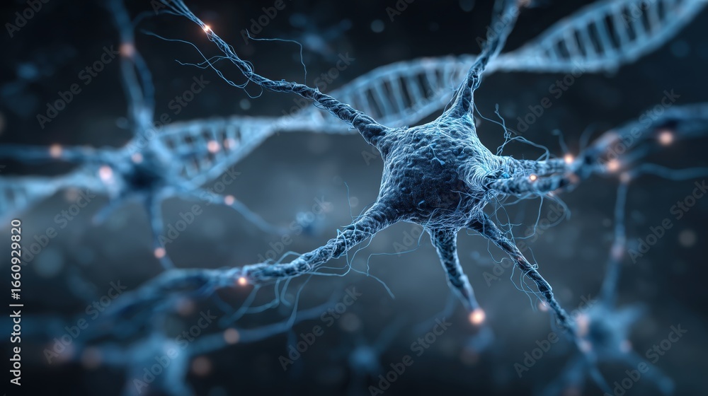 Aufkleber structure of dna helix and neuron clusters detailed illustration of a neuron with interconnected fib
