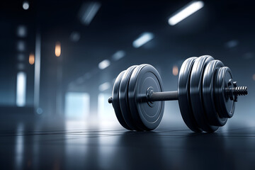 Fototapeta premium Heavy Black Dumbbell Resting in Dark Gym with Ambient Lighting. Mock up promotion information for marketing announcements and details, blank white space.