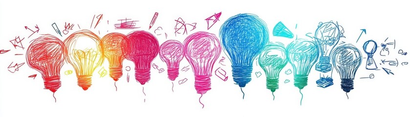 Diverse group of colorful illuminated light bulbs representing ideas creativity innovation brainstorming collaboration and problem solving concept