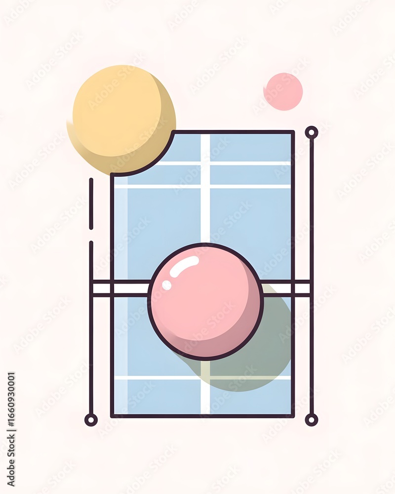Poster abstract geometric composition paddle tennis featuring colorful circles and rectangles on a soft bac