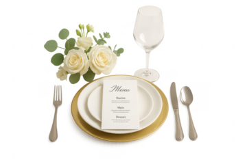 Elegant place setting with menu, roses, and wine glass on transparent background