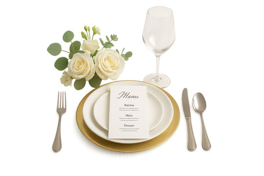 Elegant place setting with menu, roses, and wine glass on transparent background