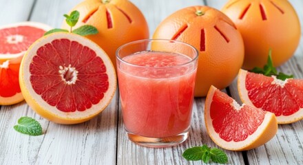 Group of grapefruits, sliced & whole, surrounds a glass of freshly squeezed grapefruit juice, garnished with mint, on light wood