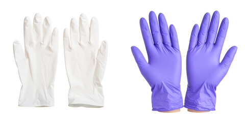 Two Pairs Of Medical Gloves With Transparent Background White And Purple Colors