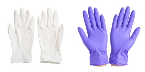 Two Pairs Of Medical Gloves With Transparent Background White And Purple Colors