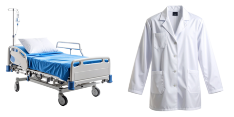 Hospital Bed And White Medical Coat On Transparent Background