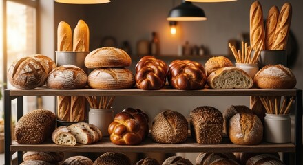 An array of fresh-baked bread varieties displayed on wooden shelves in a softly lit bakery interior