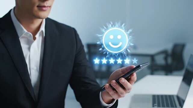 Customer satisfaction survey concept, Businessman using smartphone touch happy smiley icon, 5 star service experience rating, Feedback, Online review, Online application, Quality satisfaction review.