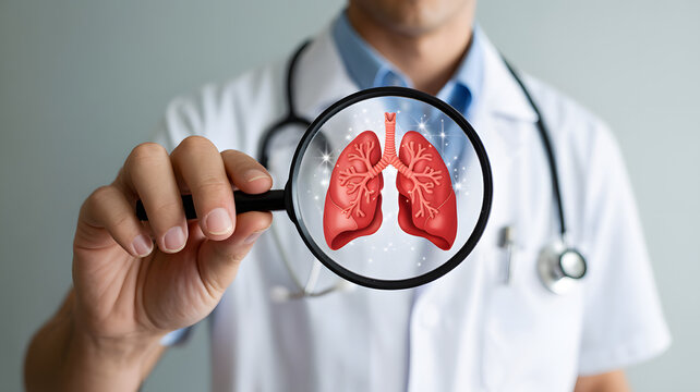 Doctor examines lungs with magnifying glass for respiratory health, pulmonary wellness, and healthcare