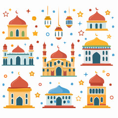 Fototapeta premium Mosque Minarets and Lanterns: Eid Mubarak Illustration