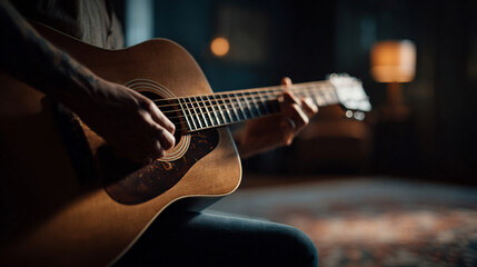 Fototapeta premium Close-up captures the intimacy of a person playing an acoustic guitar in a dimly lit setting