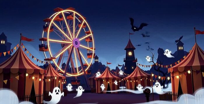 4K Animated Haunted Carnival with Ferris Wheel, Ghosts, and Fog Loopable Halloween Cartoon Stock Footage