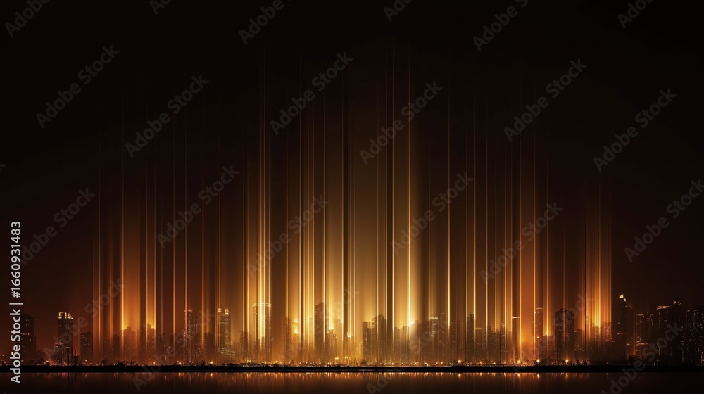 Poster vertical geometric lines transforming into city abstract city skyline with vibrant light beams creat