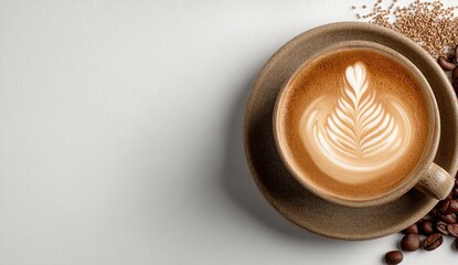 Latte art in a light brown ceramic cup