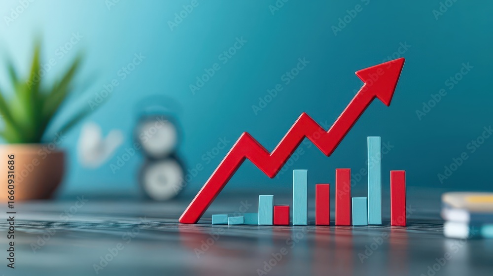 Poster business growth and success concept with rising red arrow chart and bar graph on a desk in a modern 