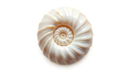 A spiral seashell polished to perfection, shimmering in pearly tones, symbolizing infinity, nature&rsquo;s design, and inner calm, isolated on a plain background.