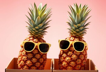 Two pineapples in sunglasses, playfully boxed, vibrant, fun,  summer,  stock