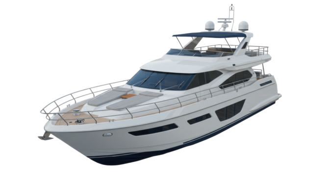 Luxurious yacht anchored in tranquil waters with a clear sky and distant coastline visible isolated on white background