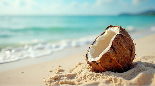 Tropical beach paradise with a fresh coconut, turquoise water and white sand evokes summer vibes
