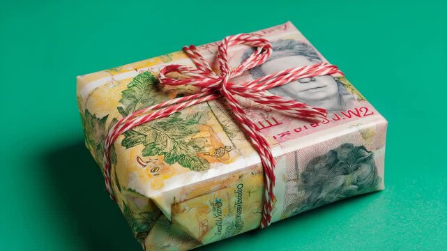 A green box with a red ribbon and a piece of paper .Banknote wrapped like wrapping paper on a giant present, One Big Beautiful Bill, satirical bright concept, close up