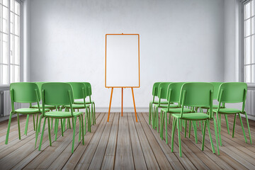 Classroom with Green Chairs and White Easel in Bright Interior. Mock up promotion information for marketing announcements and details, blank white space.