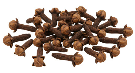 A close-up view of whole cloves scattered on a surface showcasing their rich brown color and unique shape ideal for culinary use or spice-related content isolated on white background