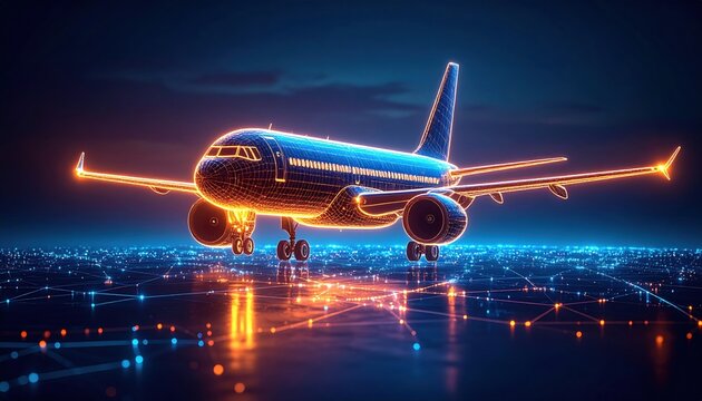 Futuristic Airplane Wireframe on Glowing Network Grid, Digital Aviation Concept - Powered by Adobe