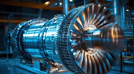 A close-up shot of a large, industrial turbofan engine, bathed in cool blue and teal lighting. The engine is mounted on a steel frame and surrounded by pipes, cables, and scaffolding. 