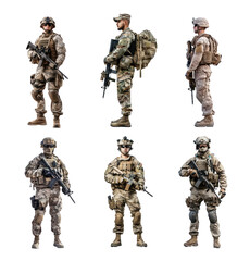 Six soldiers in full military gear, standing in various poses and angles, with a transparent background