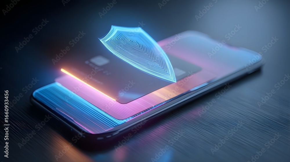 Poster a futuristic smartphone displaying a digital shield over a credit card, symbolizing secure transacti