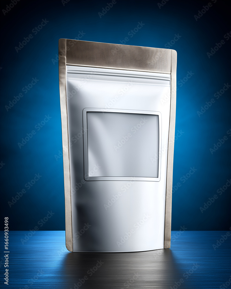 Poster shiny silver package with blank label on deep blue gradient background. mock up promotion informatio