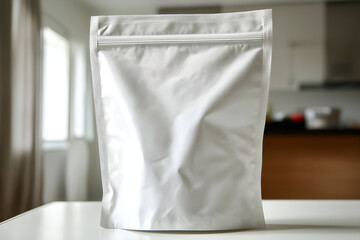 Plain White Pouch on Tabletop with Seal in Clean Kitchen. Mock up promotion information for marketing announcements and details, blank white space.