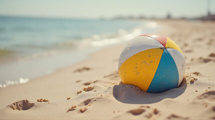 Obraz premium A vibrant beach ball rests on the sandy shore, inviting summer relaxation and seaside fun with