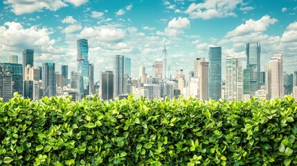 A lush green hedge borders a panoramic view of a vibrant city skyline. The cityscape features numerous skyscrapers under a bright blue sky with fluffy white clouds.