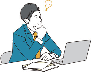 デスクでアイデアをひらめいた表情のビジネスマンのイラスト素材
