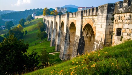 Obraz premium Ancient stone bridge over rolling hills