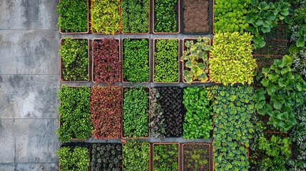A top-down view showcases a collection of small potted plants arranged in a grid pattern on a concrete floor. The plants exhibit a diverse range of colors
