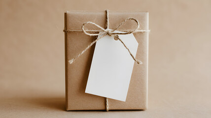 Stylish brown wrapped gift with blank white tag perfect for holidays or product mockups