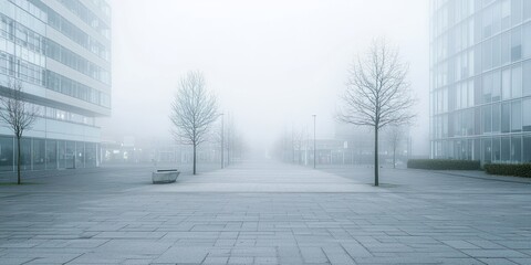 A wide, empty plaza is enveloped in thick fog, creating a sense of isolation and stillness. Two modern office buildings flank the plaza, their glass facades reflecting the muted light.