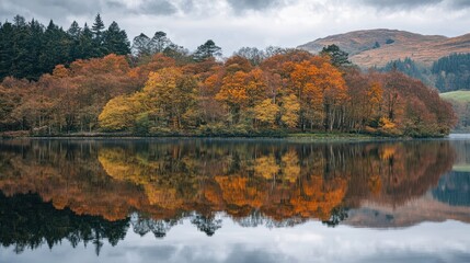 A serene landscape photograph captures a vibrant autumn scene. A small island is densely covered in trees displaying a rich palette of orange, yellow