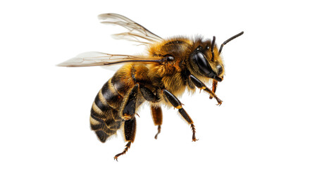 Close-up of a honeybee in flight showcasing its detailed features against a clear background isolated on white background