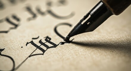 Fototapeta premium Calligraphy nib scratching ink into parchment, iron gall droplets eating into the paper fibers.