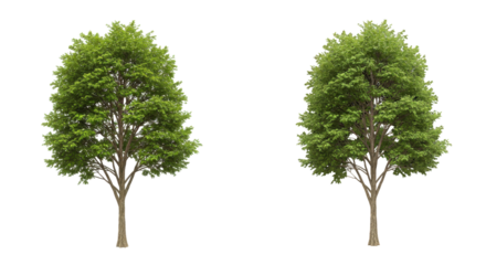 Two lush green trees in a serene outdoor setting showcasing nature's beauty isolated on white background