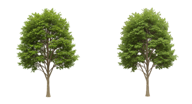 Two lush green trees in a serene outdoor setting showcasing nature's beauty isolated on white background