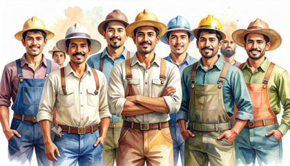A group of diverse men in work attire, smiling and standing together, representing a team.
