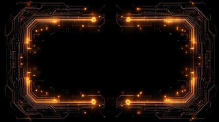 Glowing orange circuit board frame with intricate pathways, data nodes, and a dark background