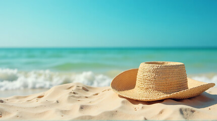 A straw hat rests on the pristine sand of a tropical beach under a clear sky symbolizing