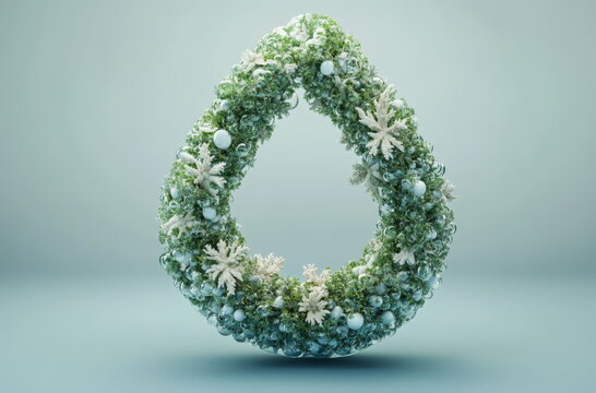 Droplet-Shaped Decoration with Green Plants and White Flowers
