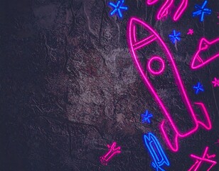 Neon rocket design on textured background