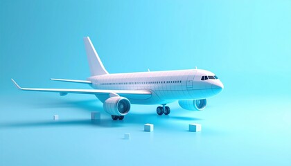 Modern Airplane Model on a Light Blue Background with Geometric Shapes